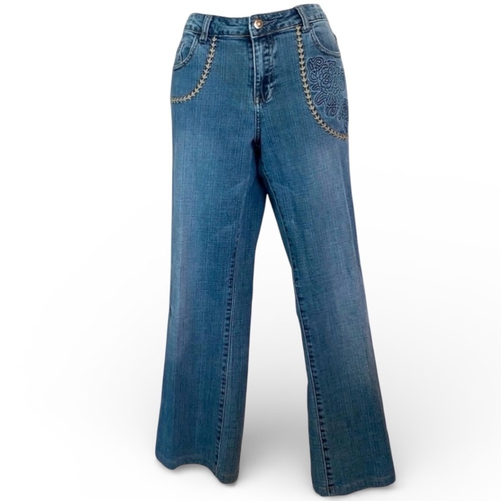 Lillie Rubin jeans women 10, blue denim, embroidered, distressed, tan trim. EUC